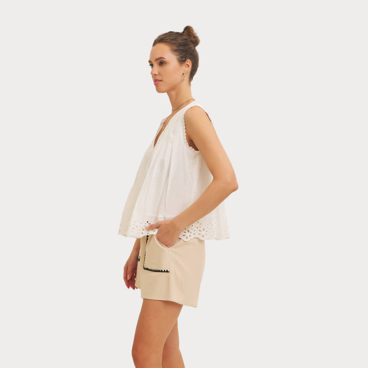 Eyelet Sleeveless Blouse | Button-Front Tank Top