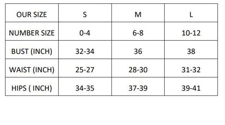 Size chart for clothing with measurements in inches for bust, waist, and hips.