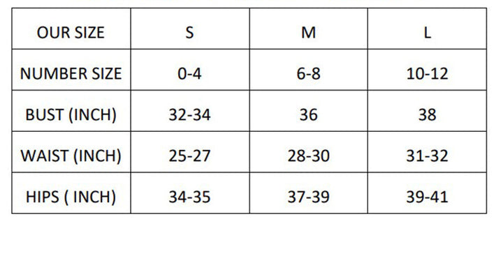 Size chart for clothing with measurements in inches for bust, waist, and hips.