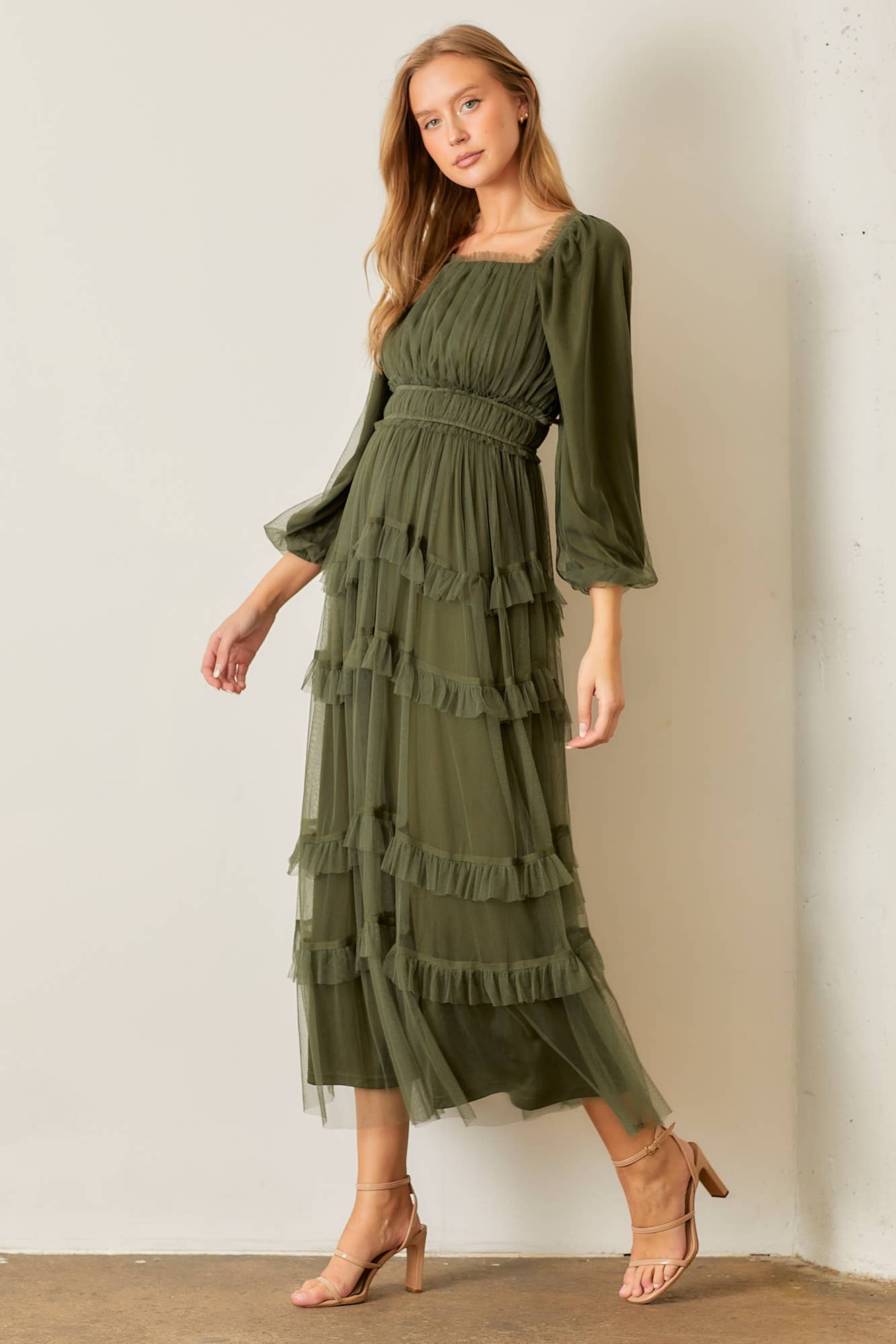 Sheer Ruffle Tiered Tulle Long Sleeve Dress