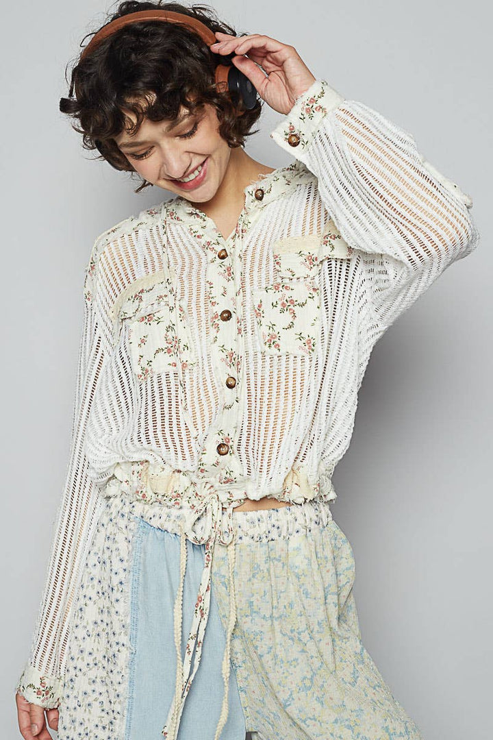 Boho Chic Lilac Mesh Button-Up Top with Floral Patchwork Detail