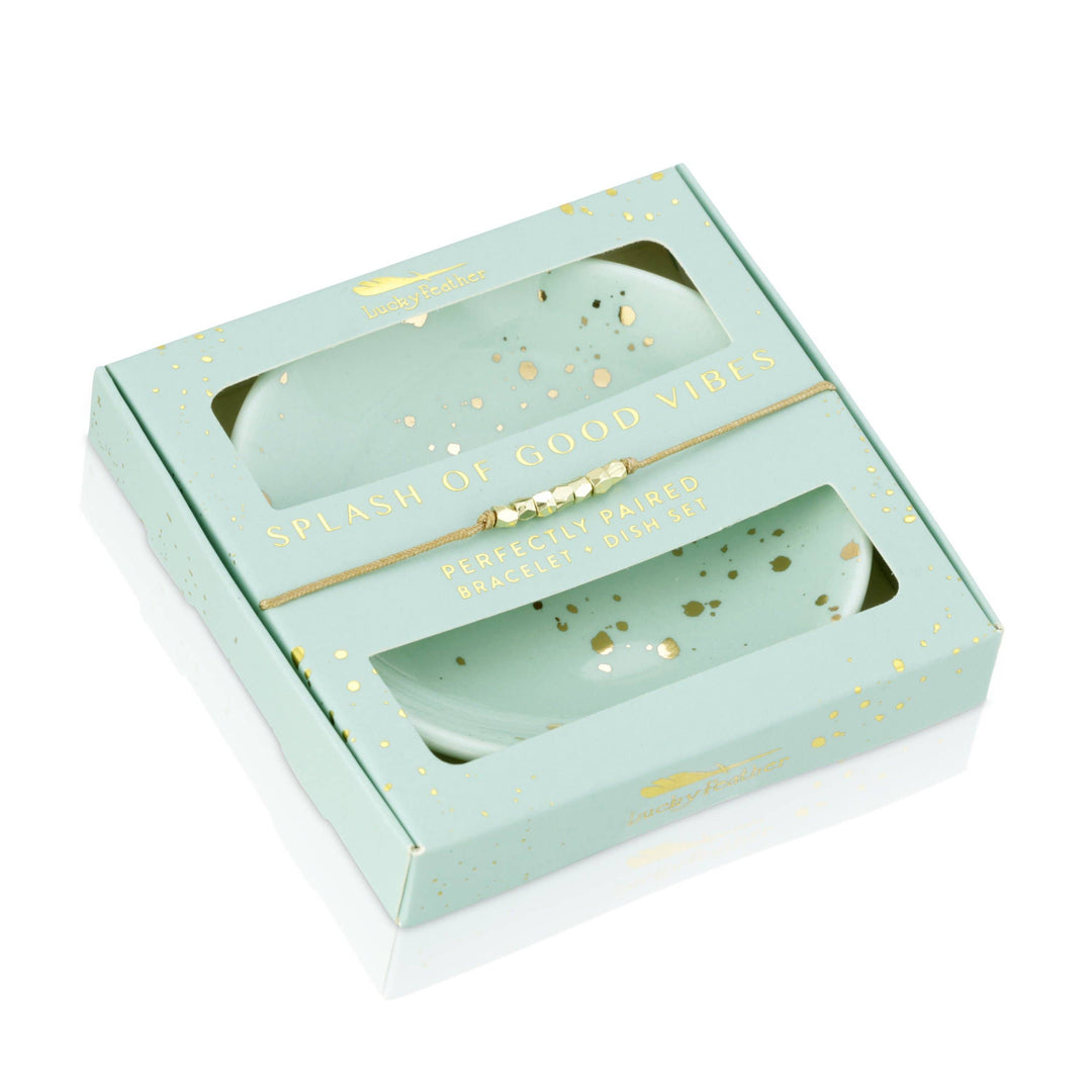 Splash of Good Vibes bracelet and trinket dish gift set with aqua and gold accents