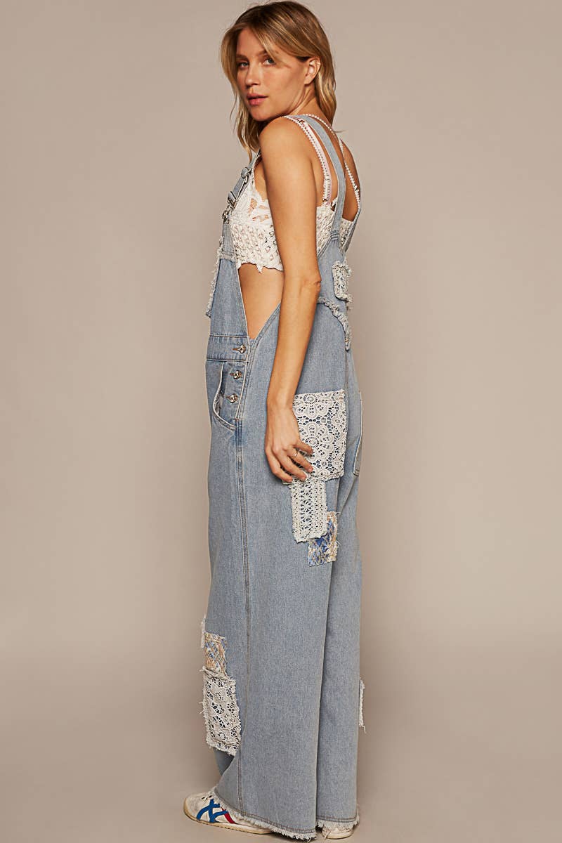 Crochet patchwork detail casual denim overalls