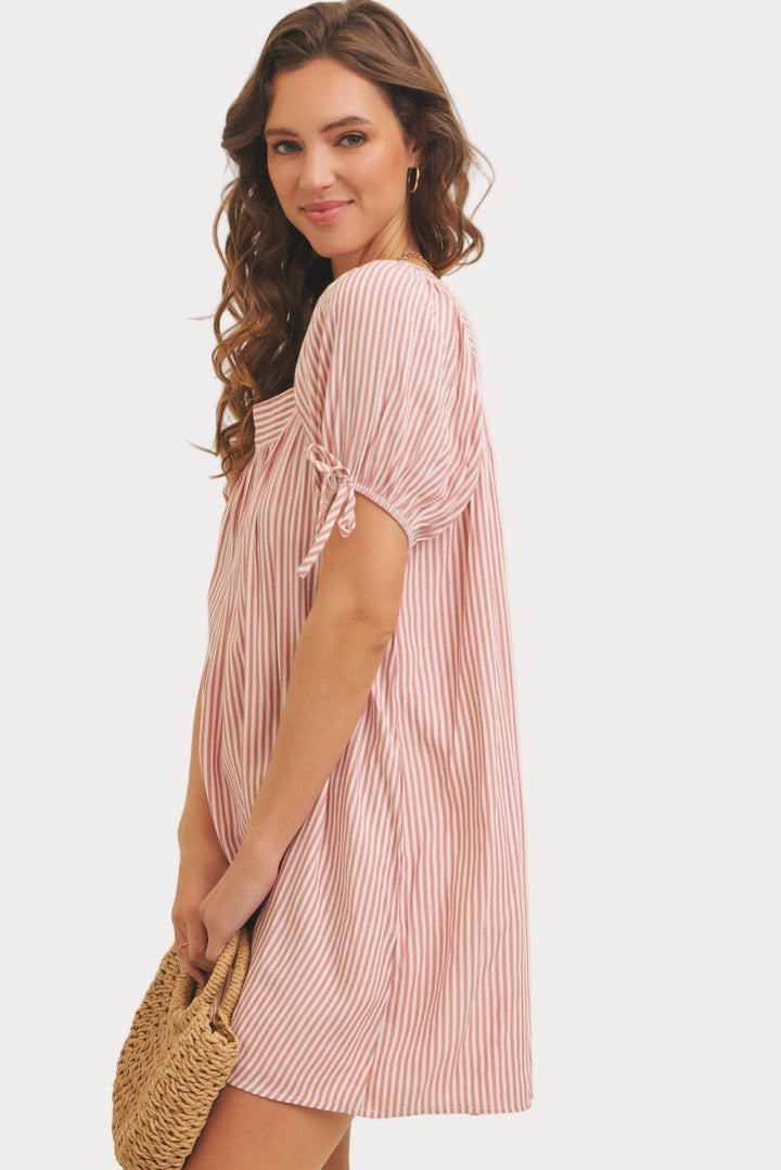 Striped Puff Sleeve Mini Dress | Red & White Square Neck Babydoll Dress