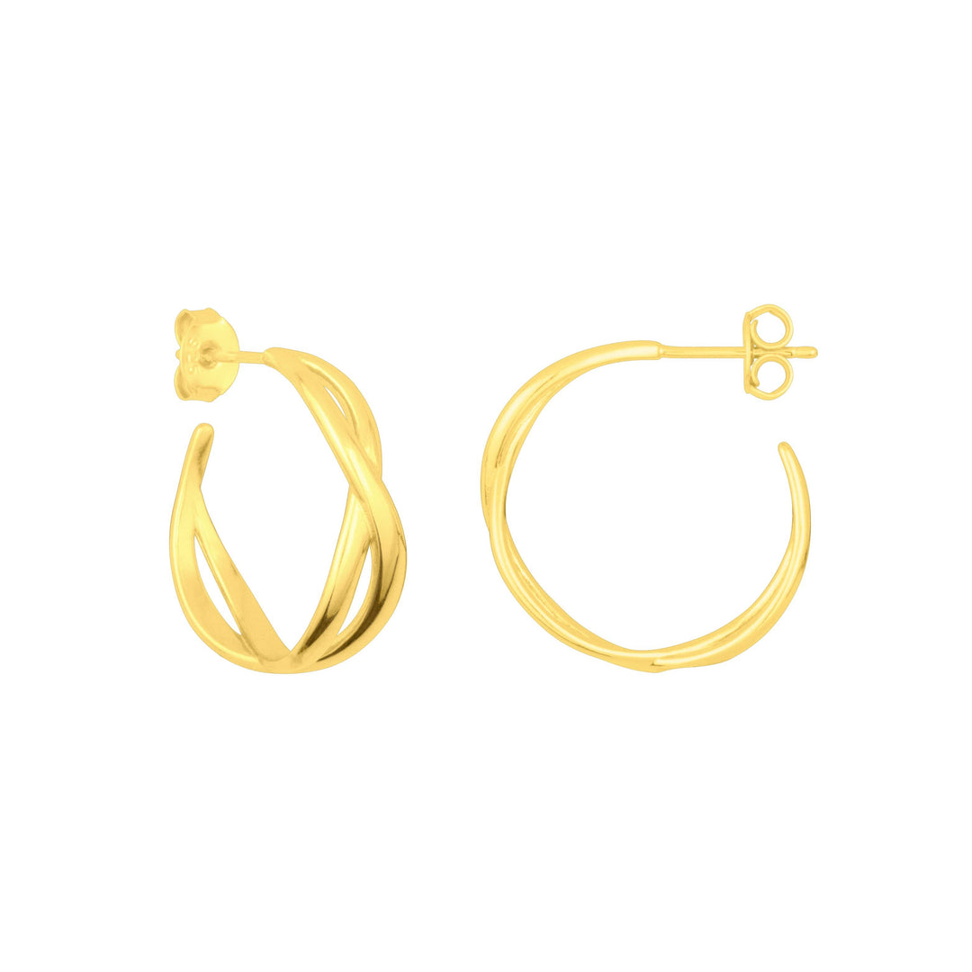 Gold sculptural twisted hoop earrings, 28mm diameter.