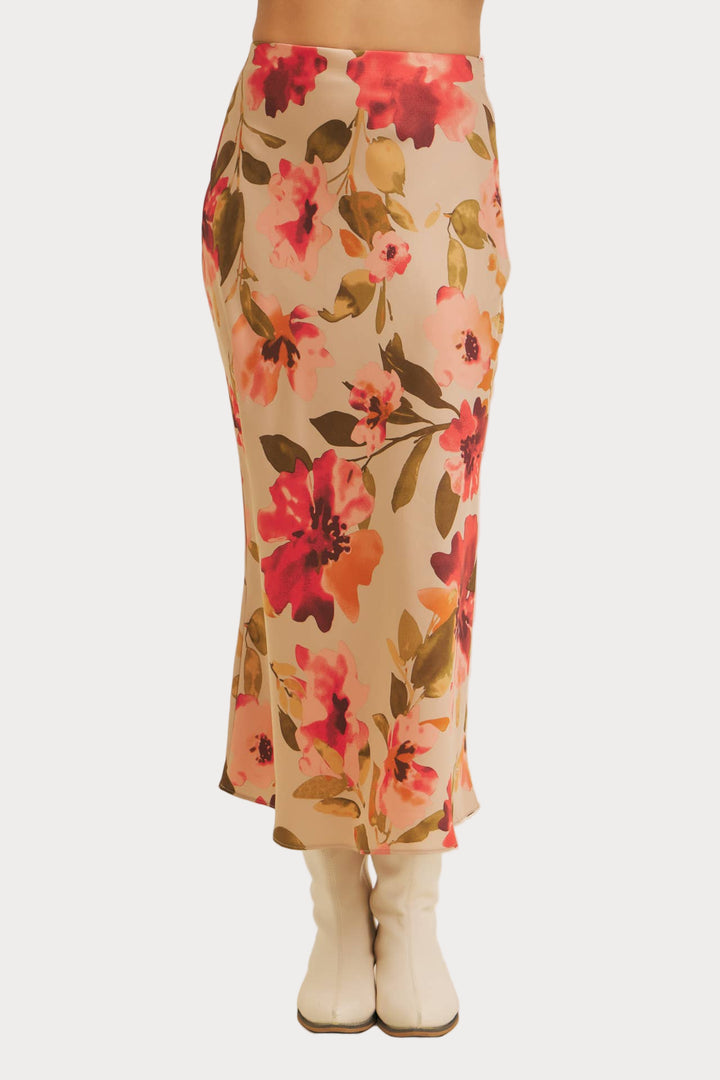 Floral Satin Bias Cut Maxi Skirt | Pink & Red Slip Skirt