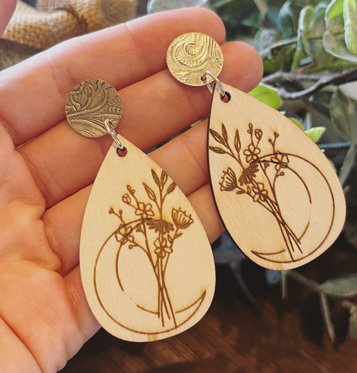 Upcycled Vintage Tray Earrings with Lunar Blossoms