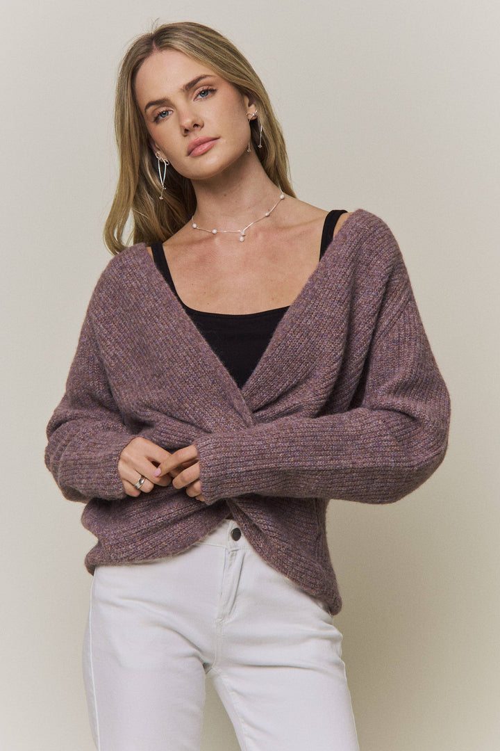Everly reversible heathered mauve knit sweater worn with twist detail in front
