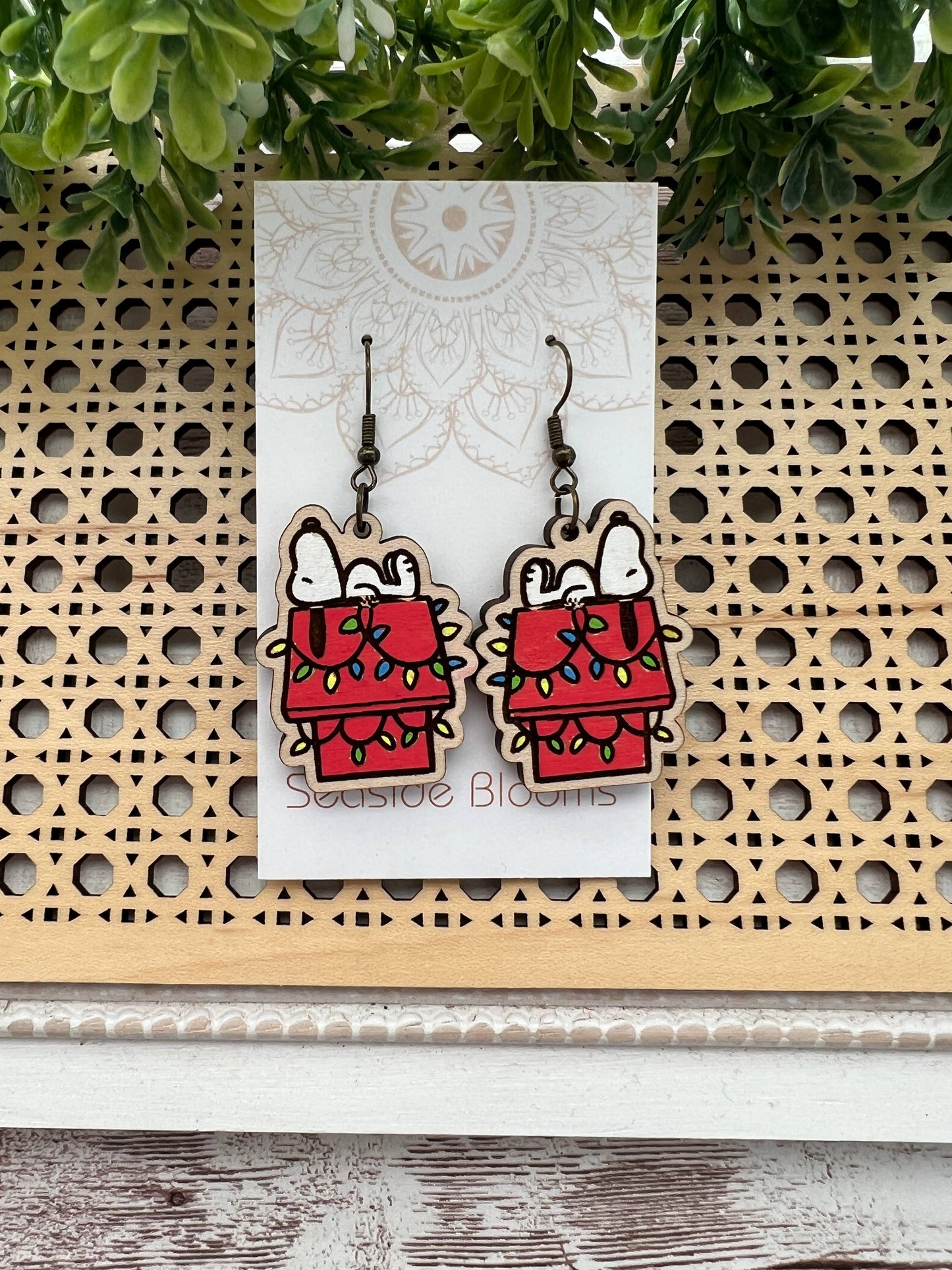 Wooden Earrings - Christmas Dog House