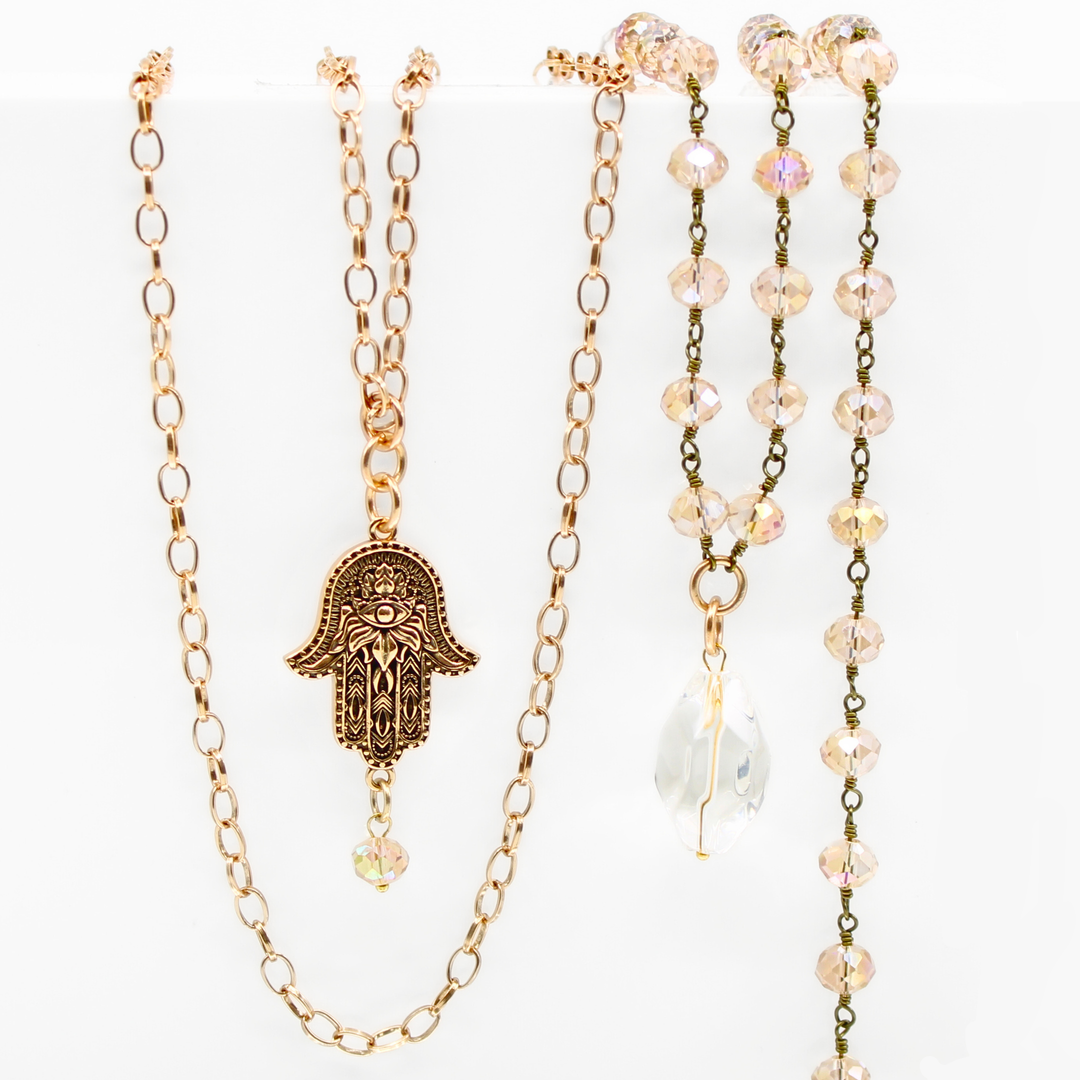 Peace Hamsa Crystal Rosary Necklace Layering Set