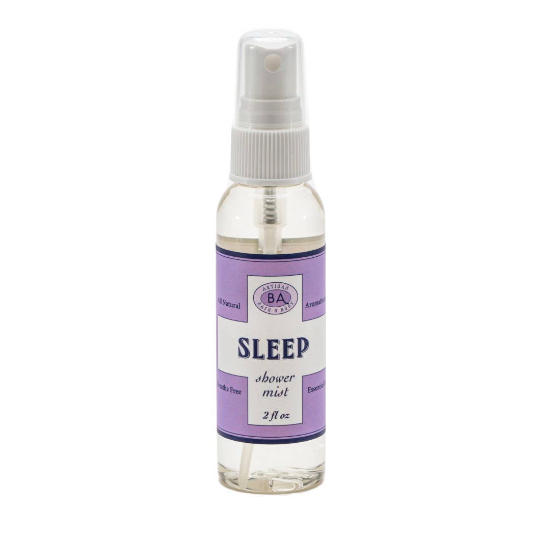 A 2oz (59 ml) spray bottle labeled 'Sleep' for shower mist, with a purple label and white spray nozzle.