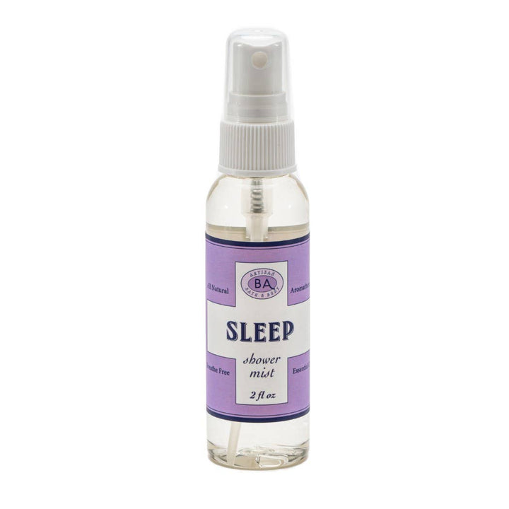 A 2oz (59 ml) spray bottle labeled 'Sleep' for shower mist, with a purple label and white spray nozzle.