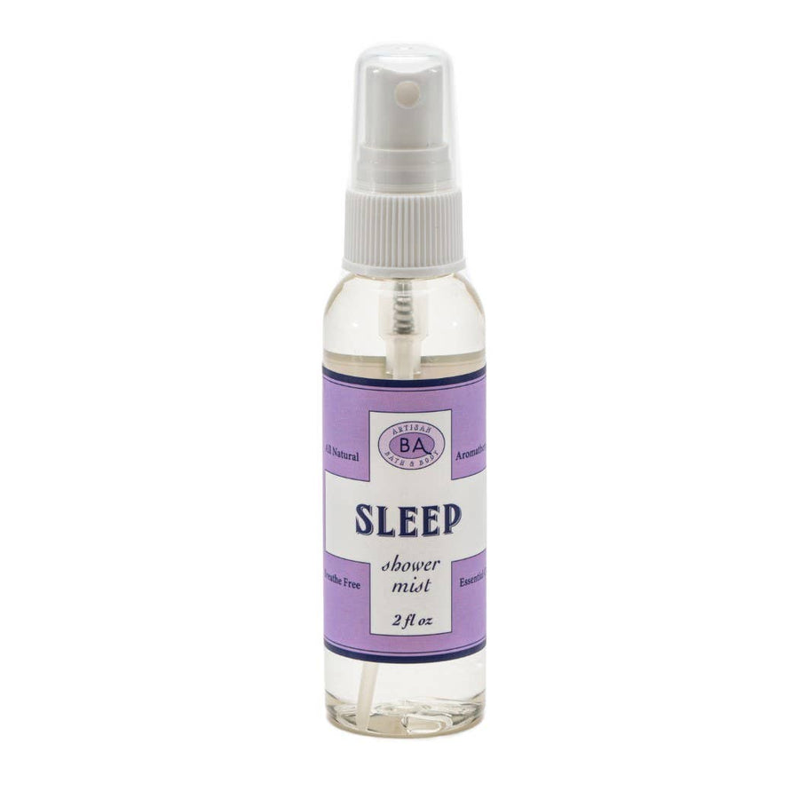 A 2oz (59 ml) spray bottle labeled 'Sleep' for shower mist, with a purple label and white spray nozzle.