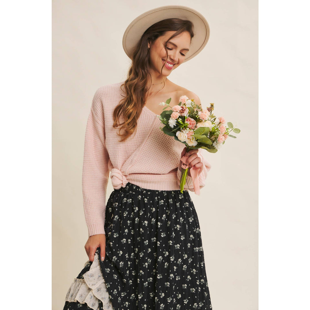 KIND TO PLANET WAFFLE SWEATER TOP WITH EXPOSED SEAM