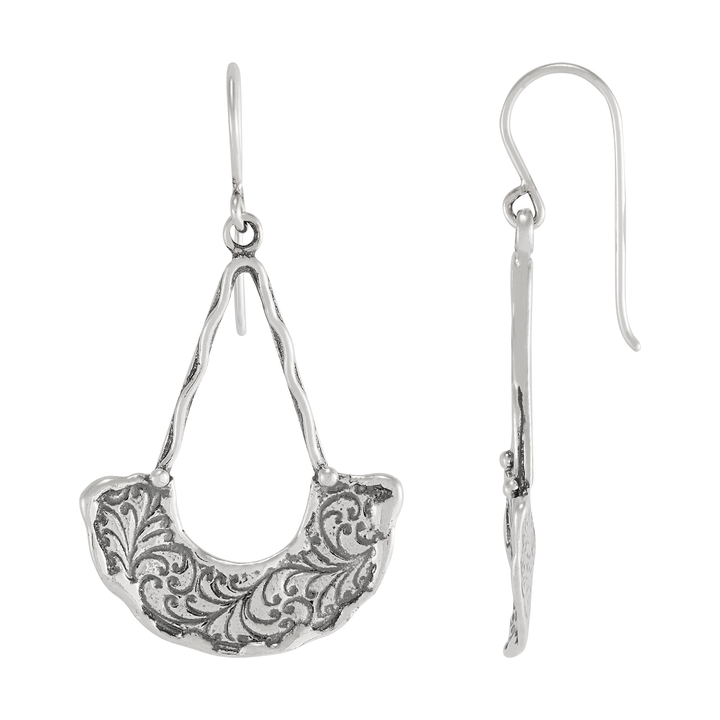 Sterling silver drop earrings with etched filigree design