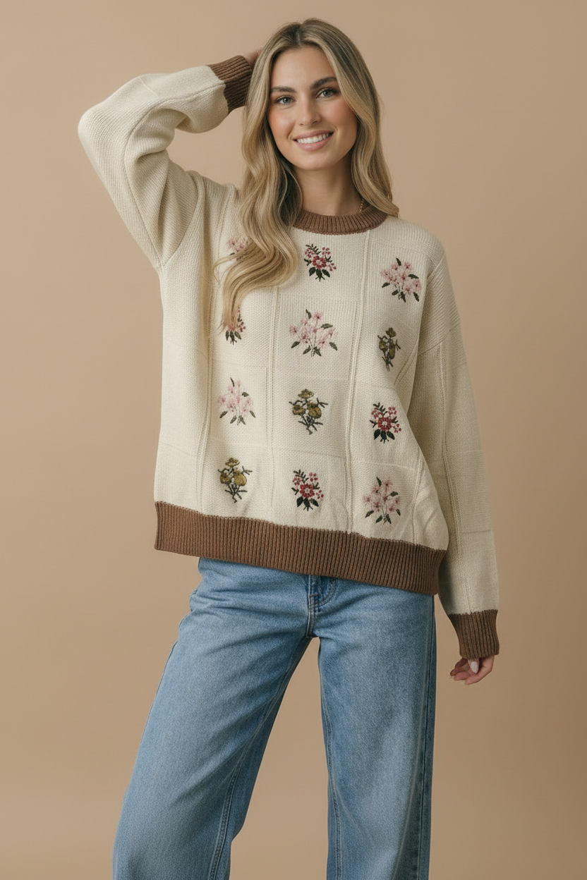 Round Neck Floral Embroidery Sweater Knit Top