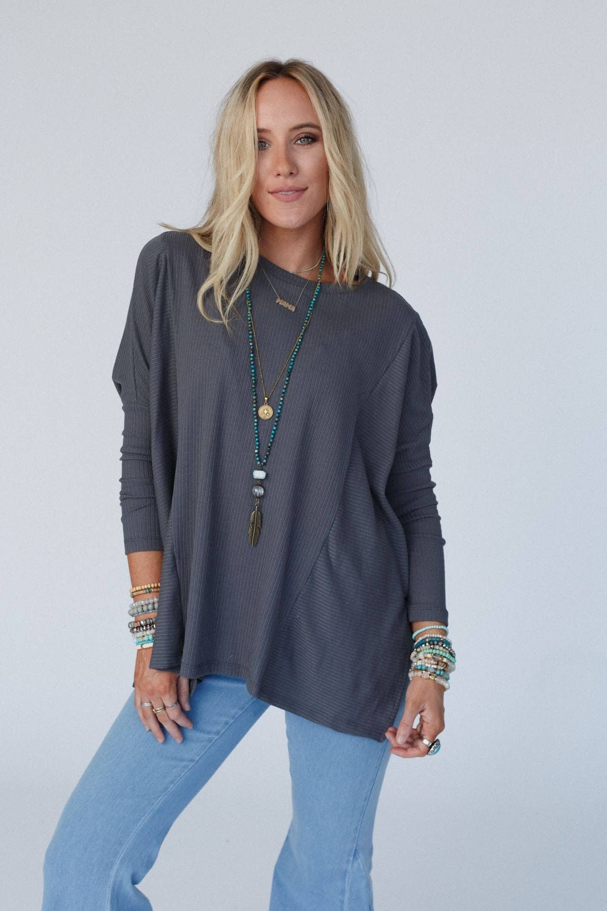 Rosemary Contrast Long Sleeve Top - Charcoal