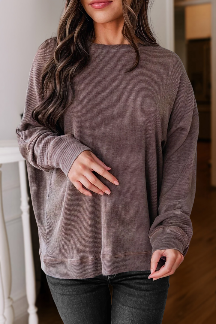 Waffle Knit Long Sleeve Loose Fit Top