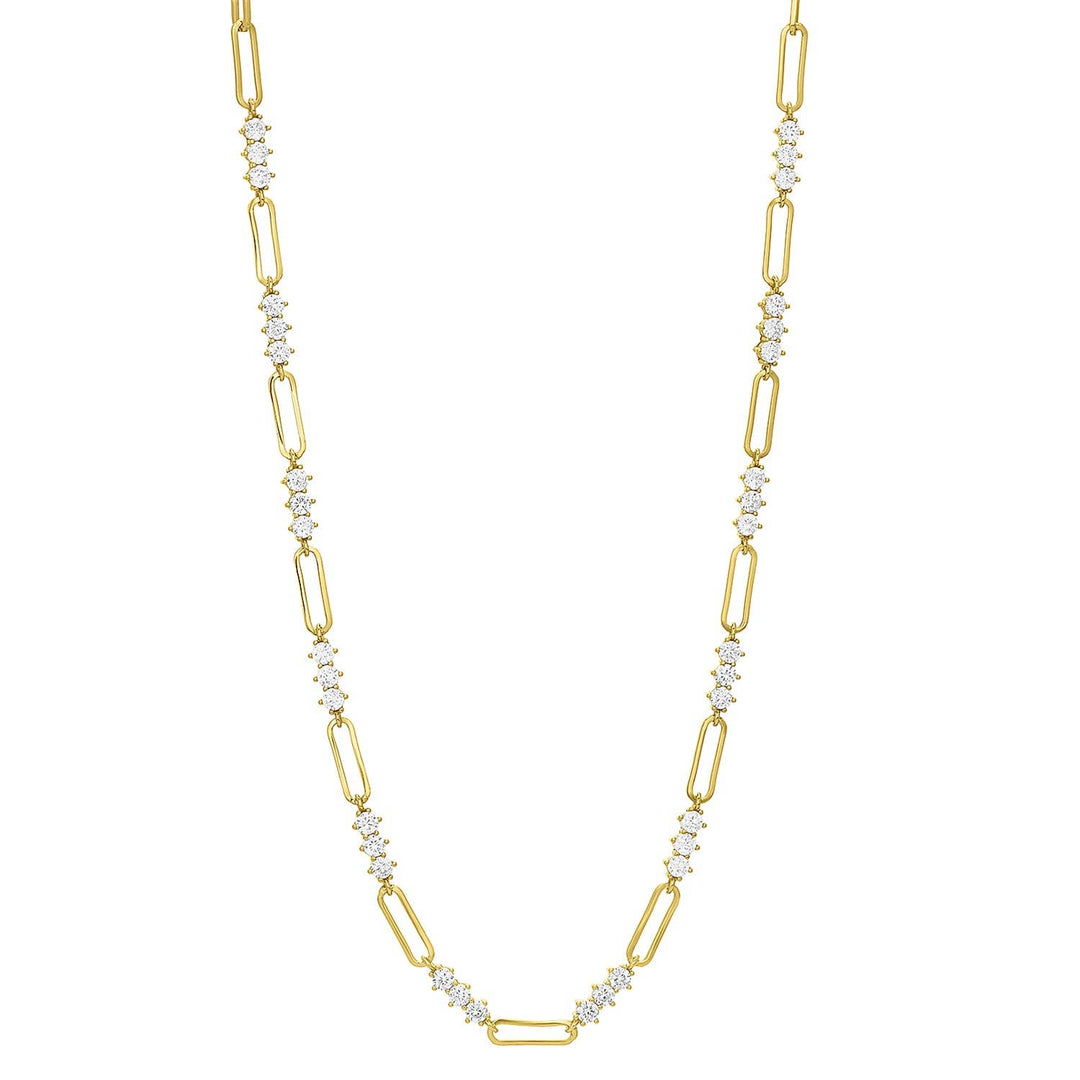 gold plated paperclip chain necklace with cubic zirconia accents along links