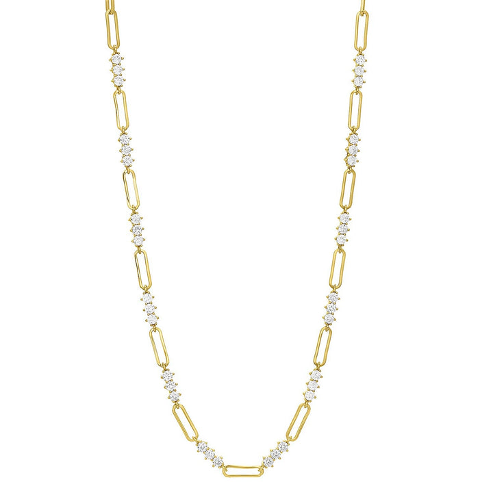 gold plated paperclip chain necklace with cubic zirconia accents along links