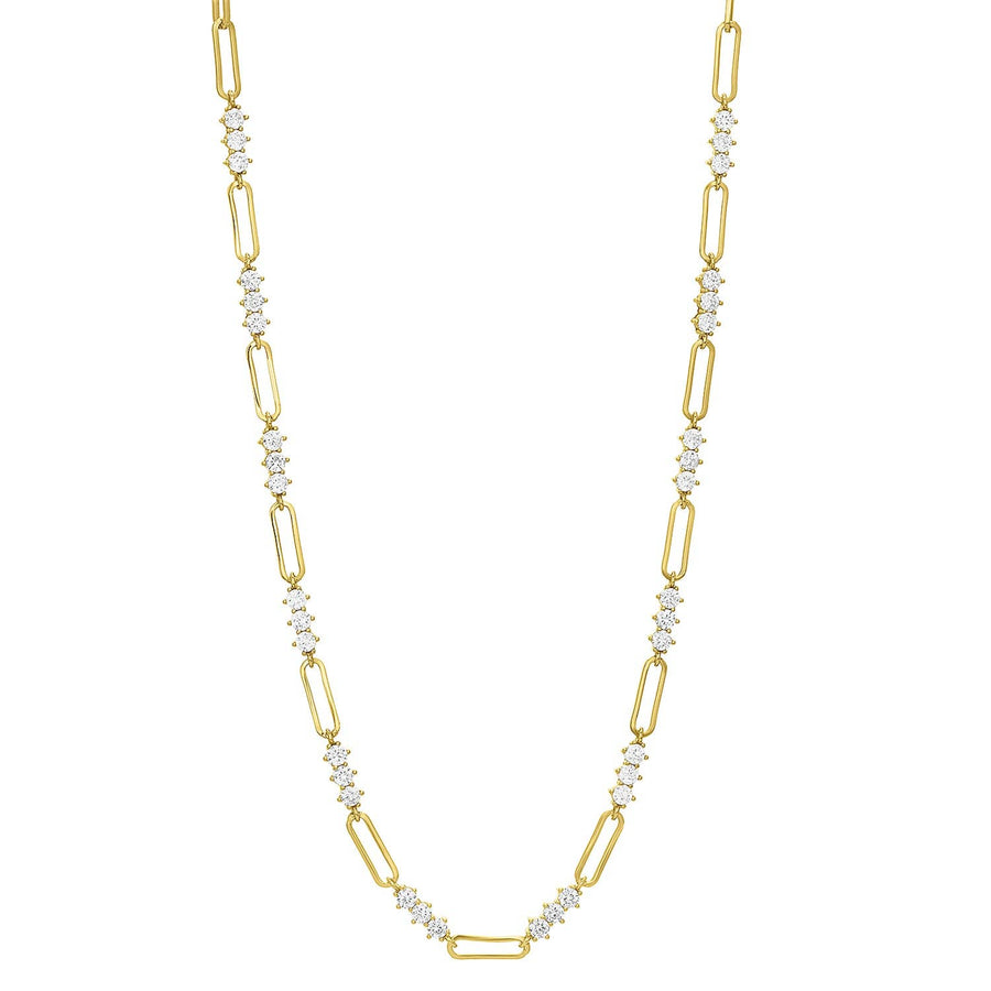 gold plated paperclip chain necklace with cubic zirconia accents along links