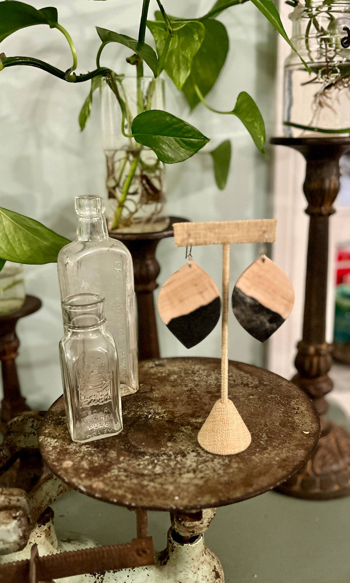 Handcrafted Curly Maple Statement Wood & Resin Earrings featuring rare curly maple wood, black resin accents, and hypoallergenic stainless-steel hooks.