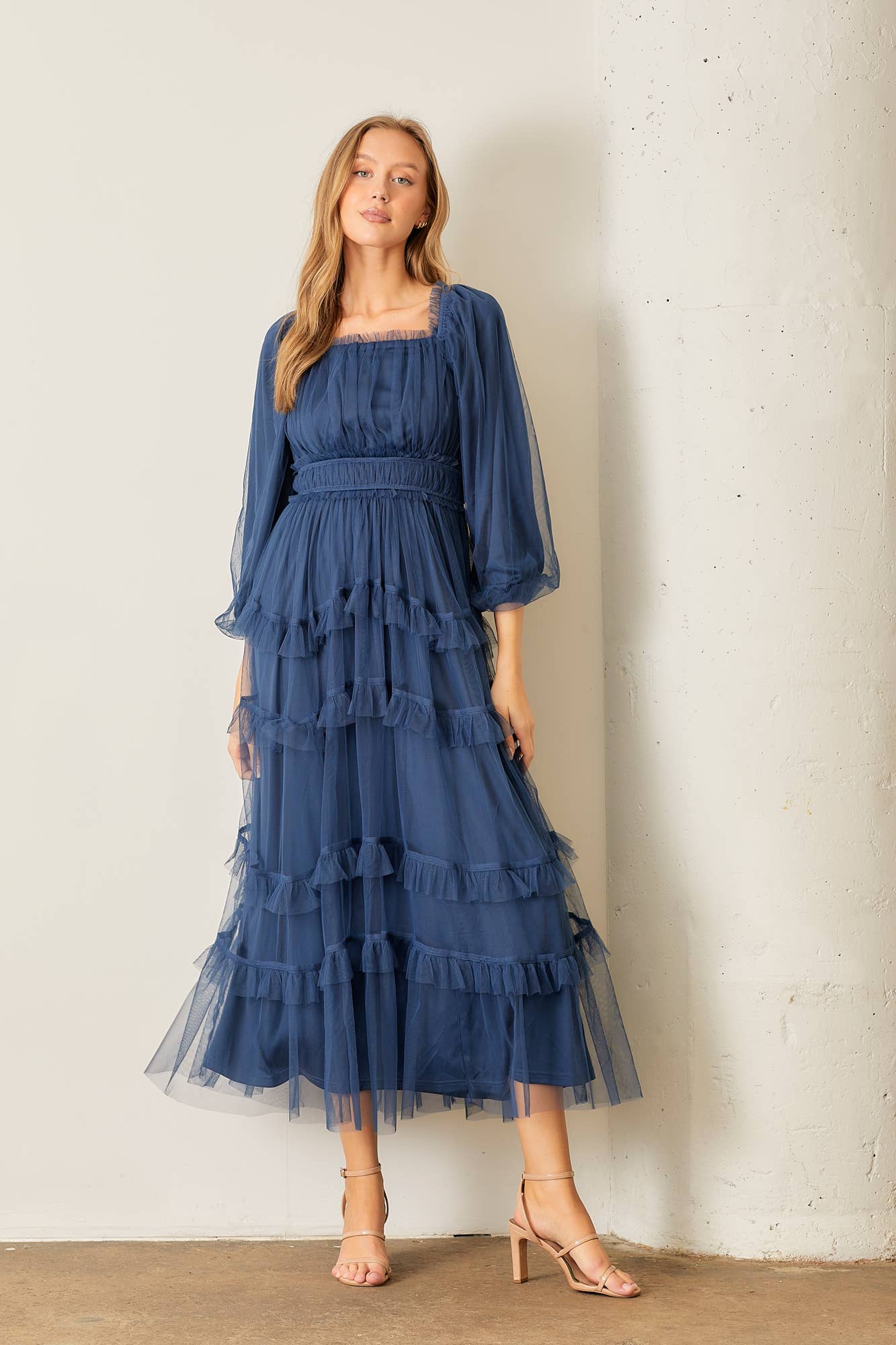 Sheer Ruffle Tiered Tulle Long Sleeve Dress