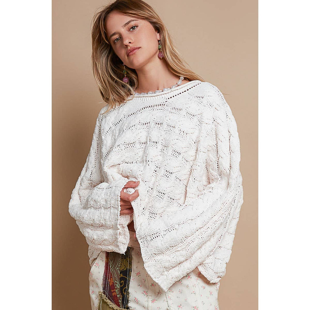 Round neck semi cropped knitted solid sweater