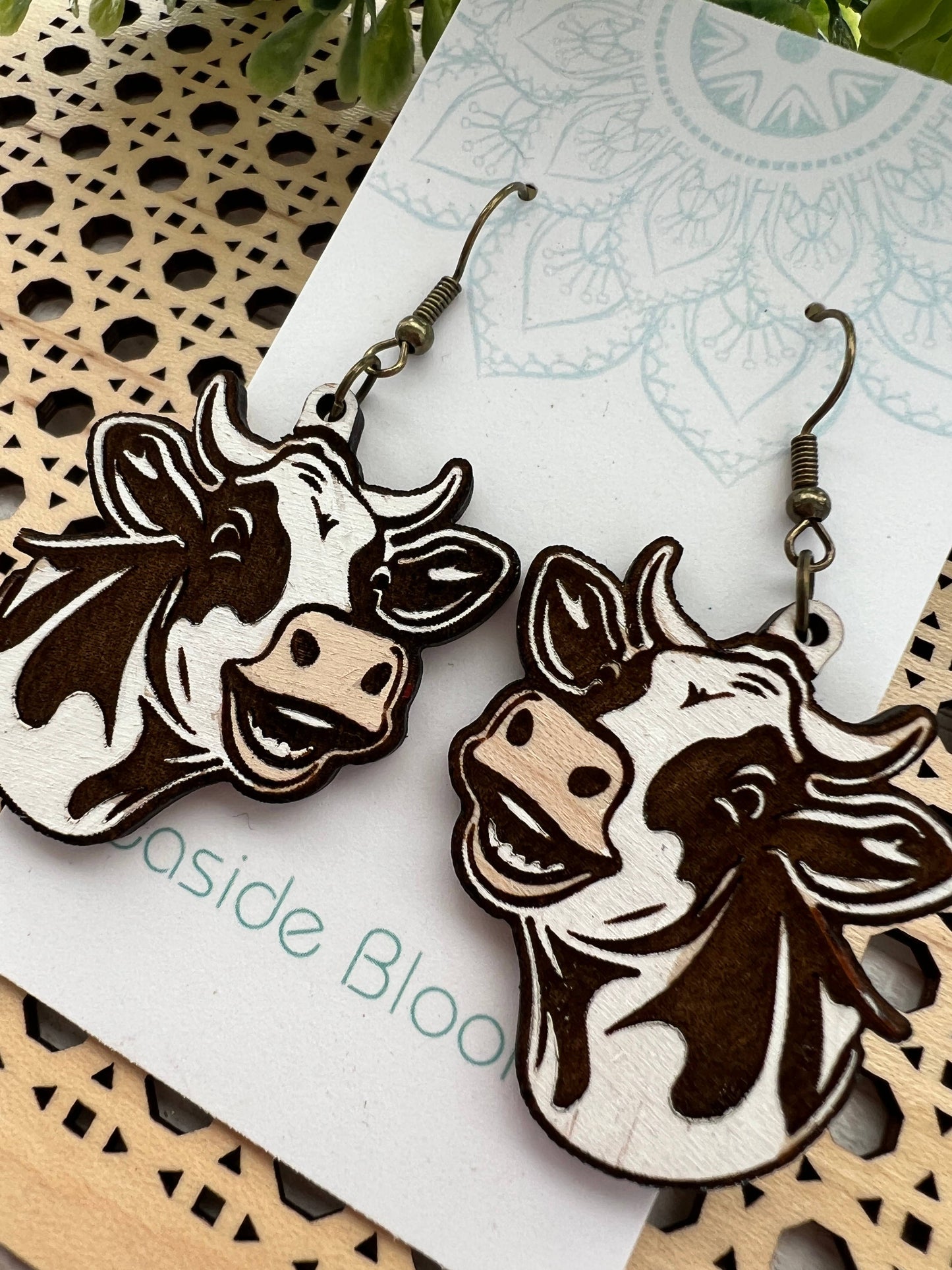 Wooden Earrings - Cow