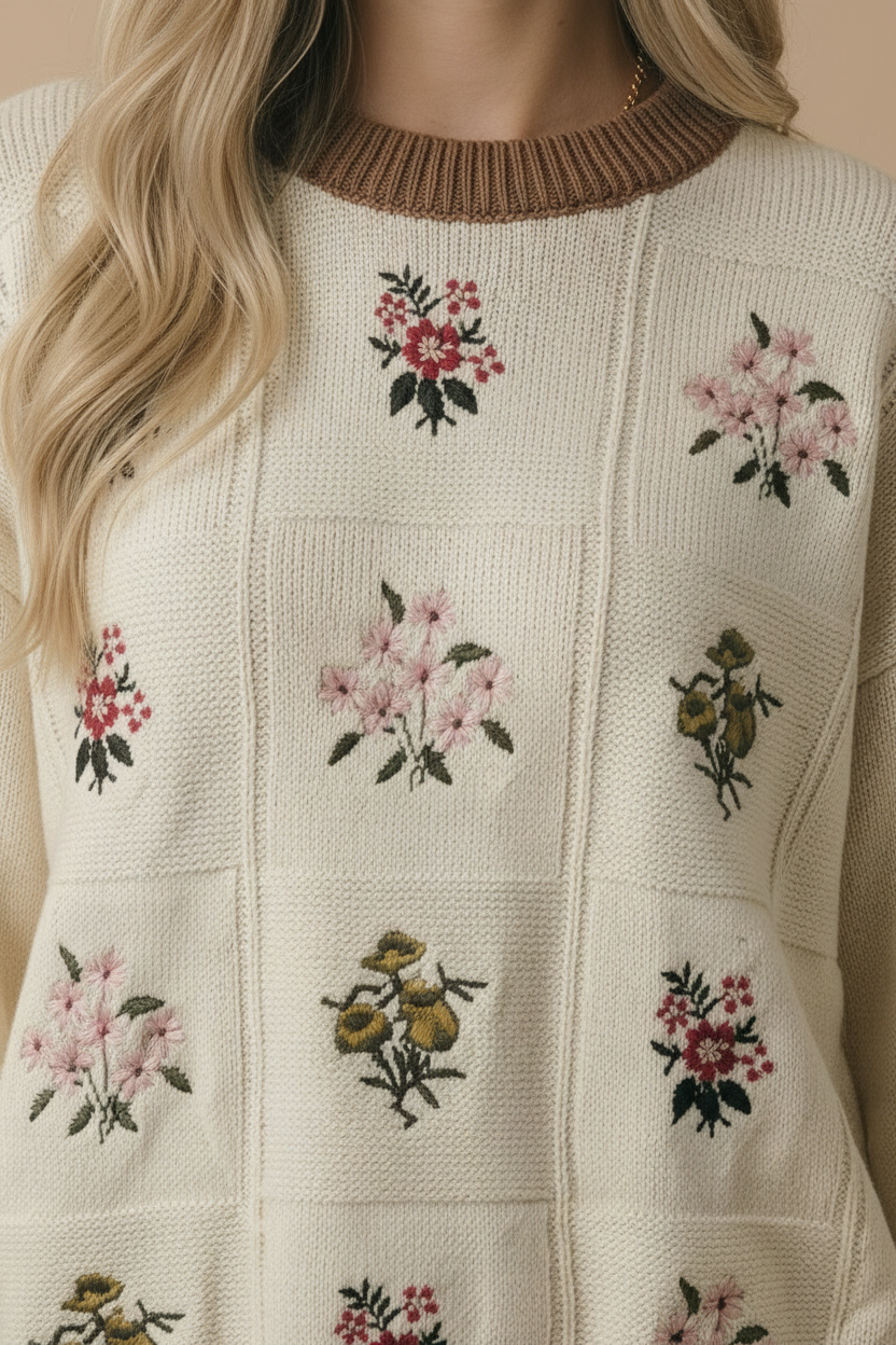 Round Neck Floral Embroidery Sweater Knit Top