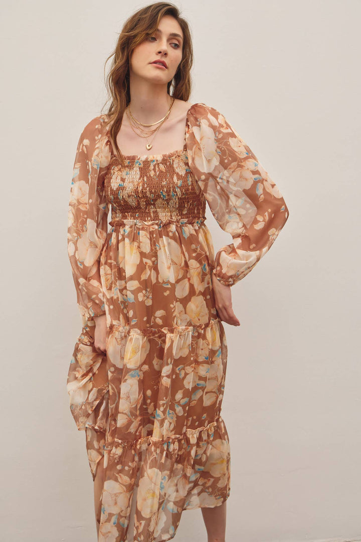 Floral Square Neck Dress w/ Balloon Sleeve