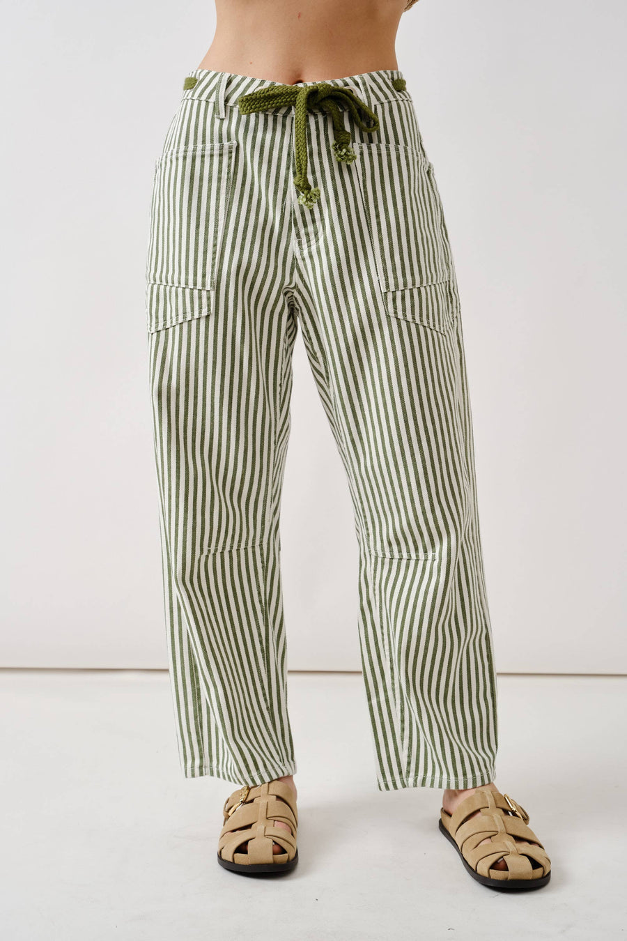 Green and white striped drawstring barrel crop jeans with a relaxed slouchy fit and tapered leg