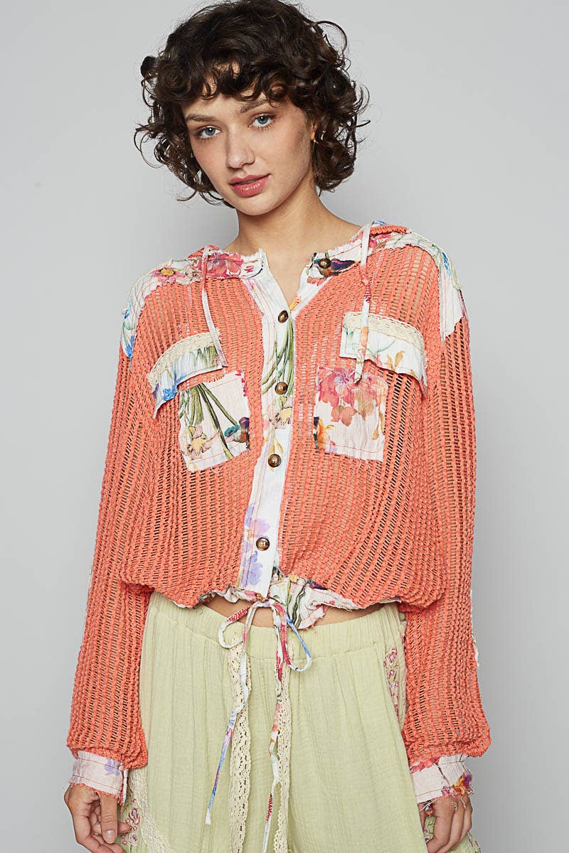 Boho Chic Lilac Mesh Button-Up Top with Floral Patchwork Detail