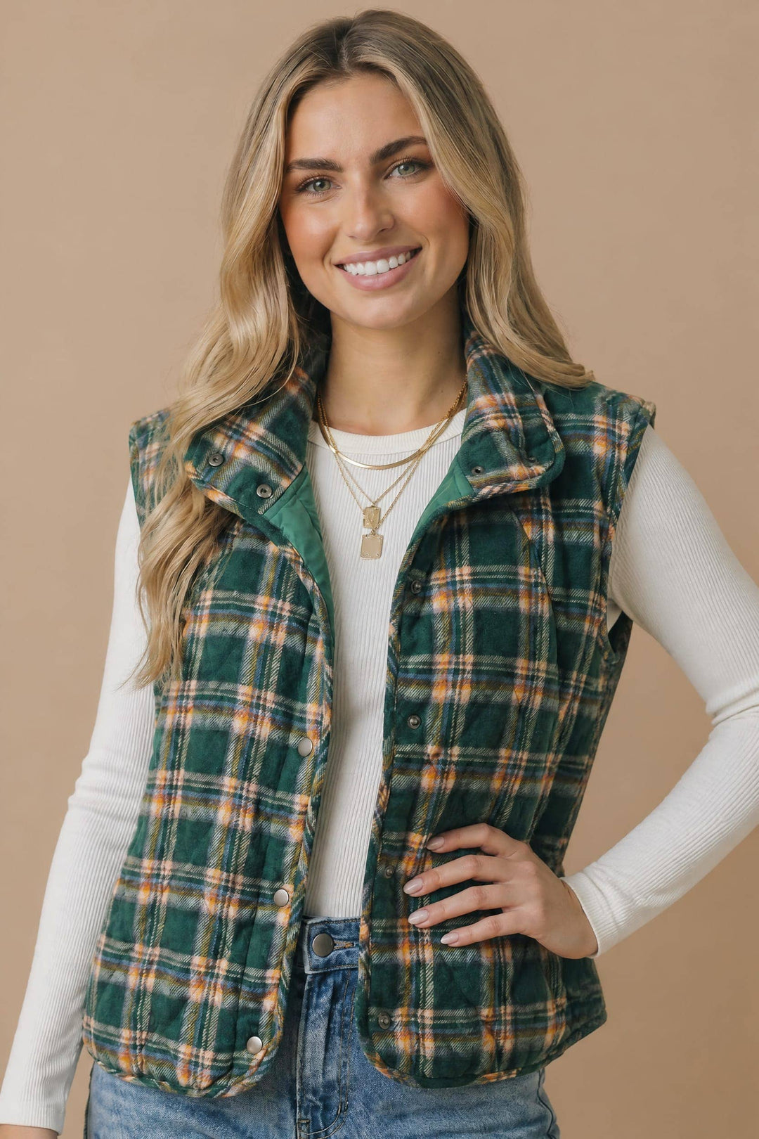 Snap Button Down Plaid Quilted Puffer Vest