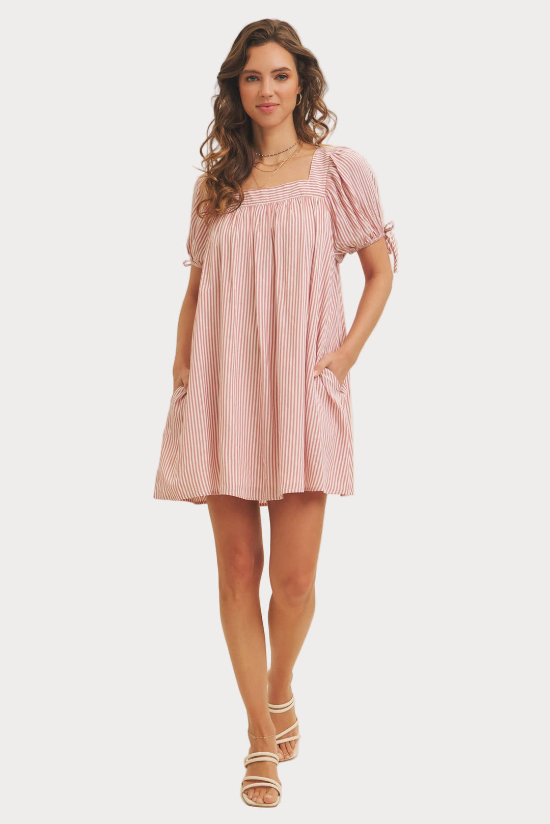 Striped Puff Sleeve Mini Dress | Red & White Square Neck Babydoll Dress
