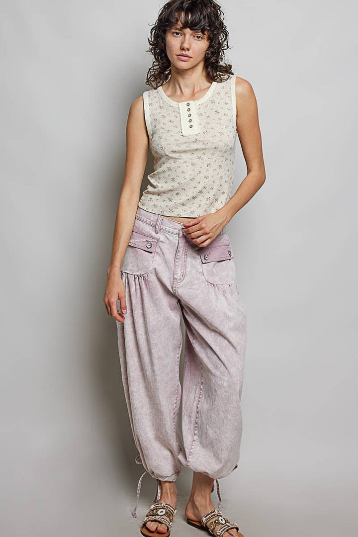 Floral Buttons Shirred Twill Wide Leg Jogger Pants