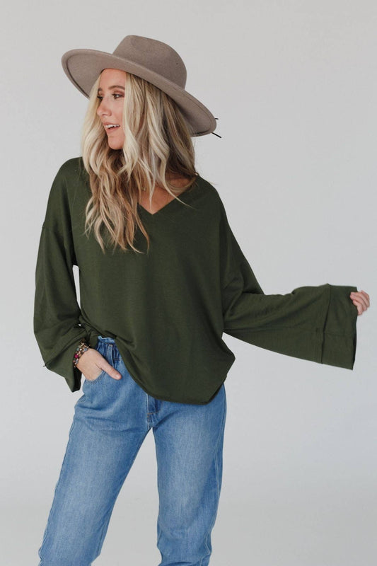 Love It V Neckline Sweater Top - Olive