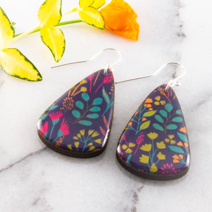 Modern purple garden wooden teardrop earrings with colorful botanical floral design and sterling silver ear wires