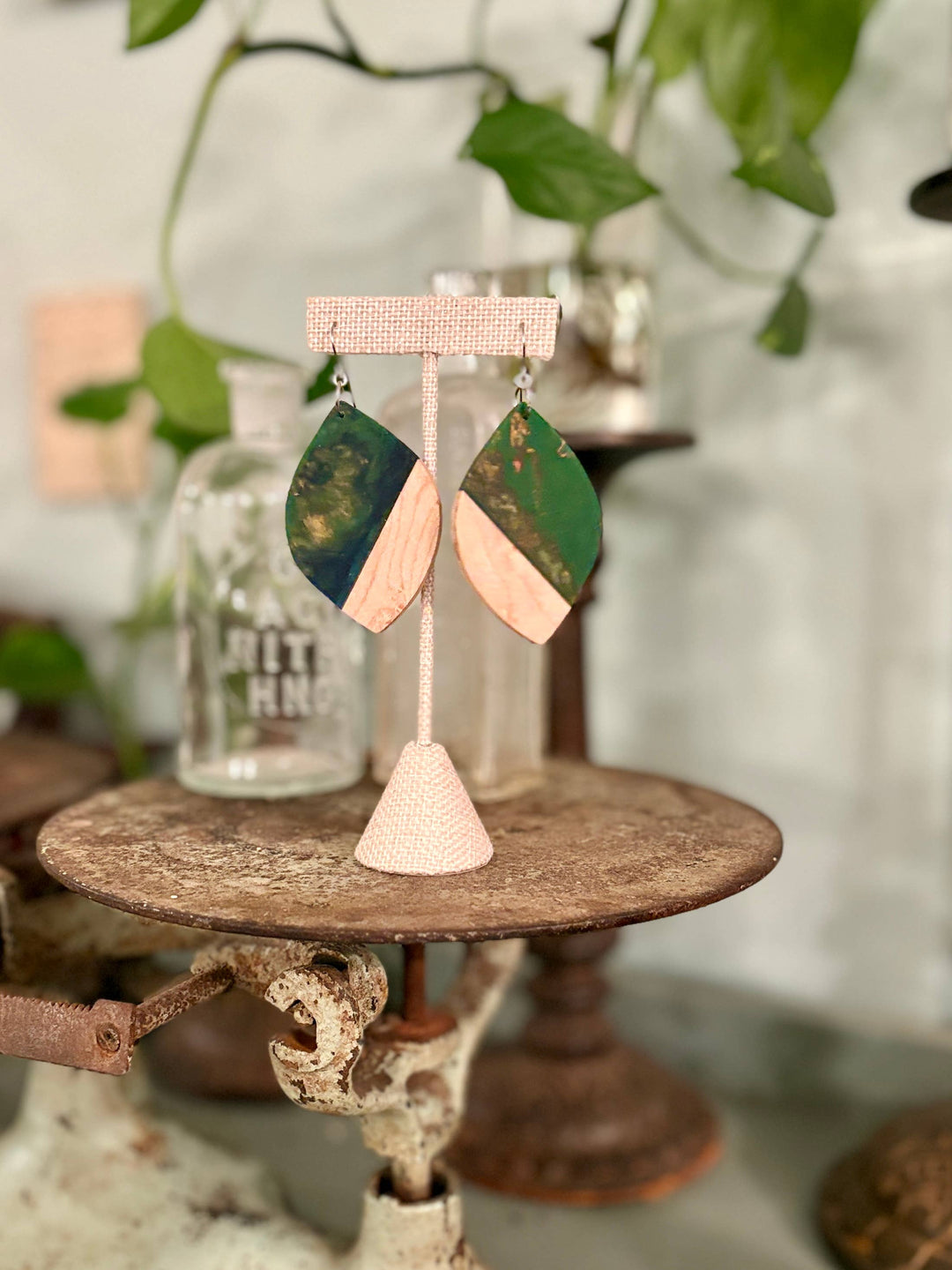 Handcrafted Fern & Curly Maple Wood & Resin Earrings featuring rare curly maple wood, deep fern-green resin accents, and hypoallergenic stainless-steel hooks.