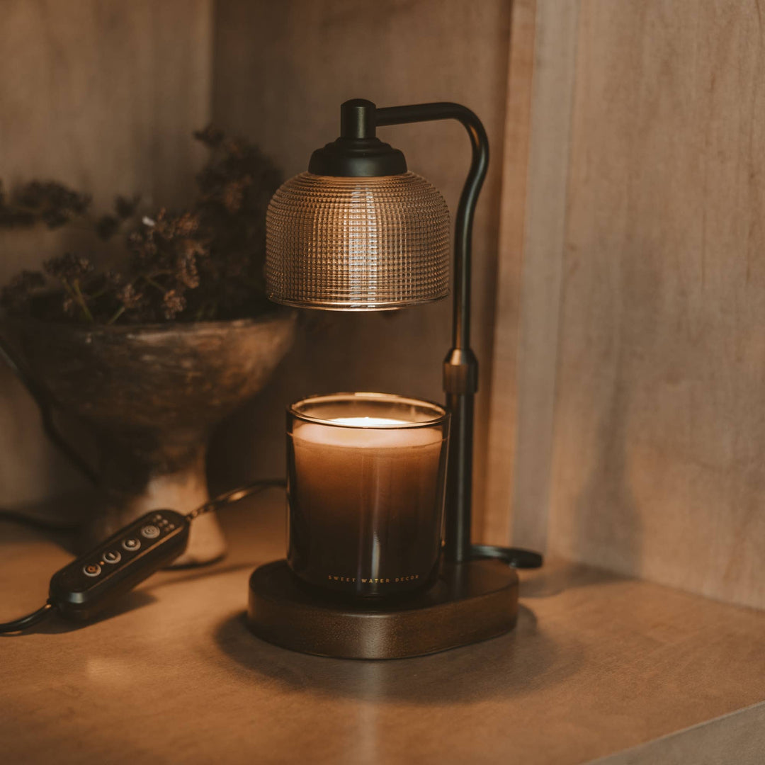 Wood Base Candle Lamp Warmer with Textured Glass Shade