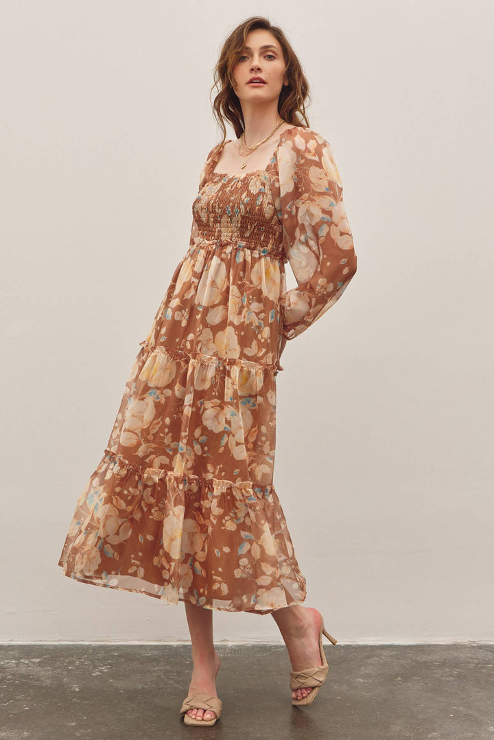 Floral Square Neck Dress w/ Balloon Sleeve