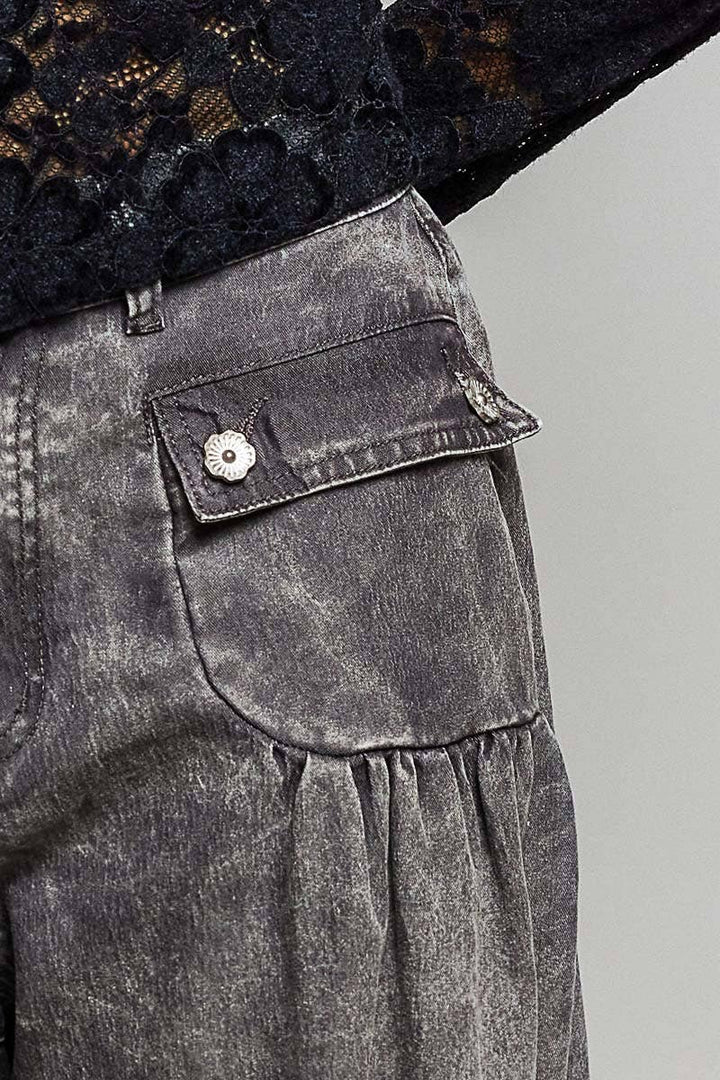 Floral Buttons Shirred Twill Wide Leg Jogger Pants