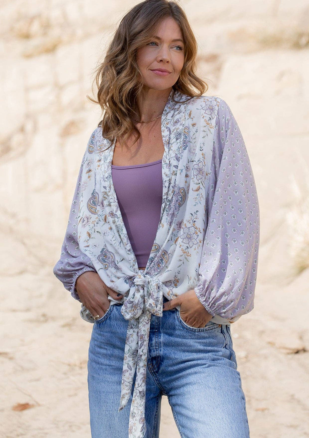 Floral Dolman Sleeve Tie Front Kimono Top