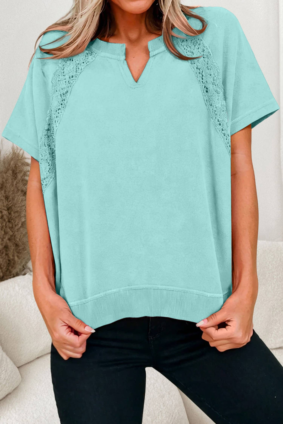 mineral wash lace patchwork v neck tee relaxed casual top boutique style