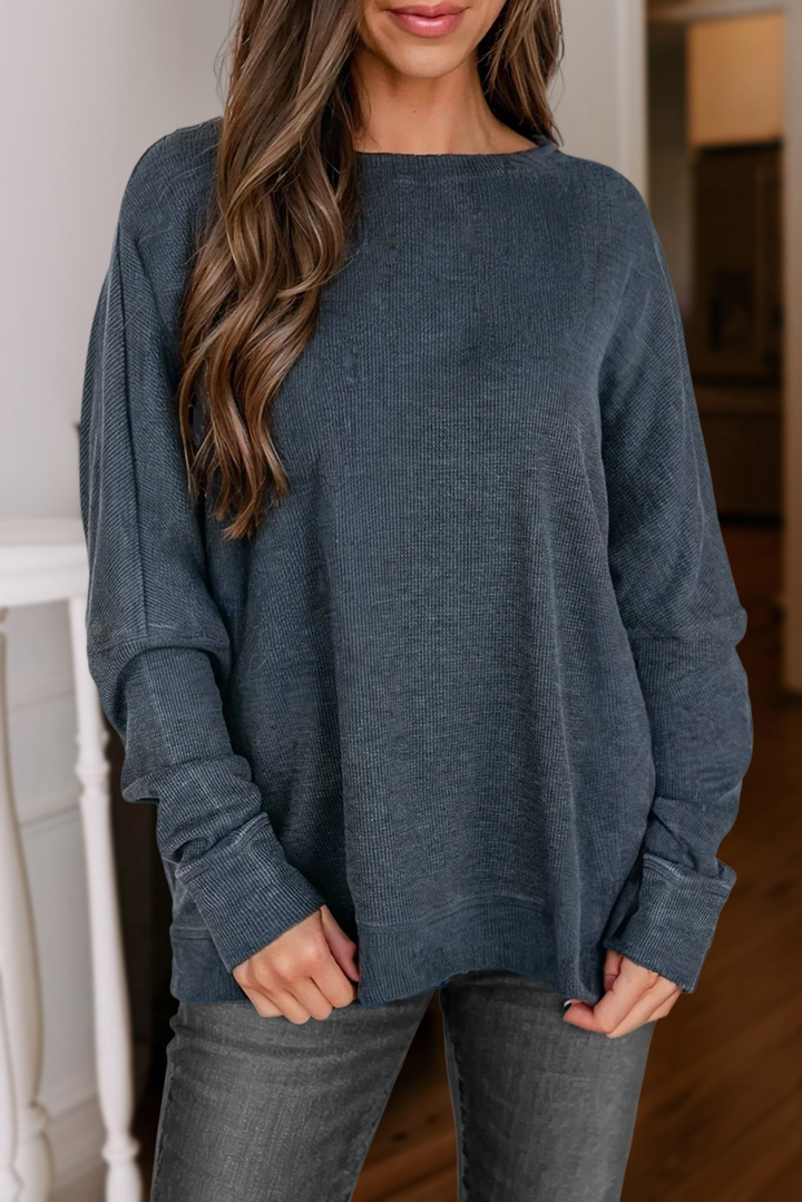 Waffle Knit Long Sleeve Loose Fit Top
