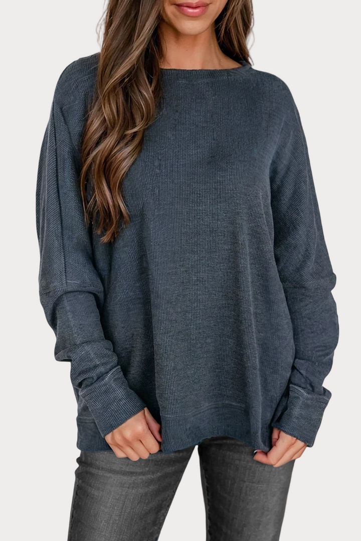 Aapparella Waffle Knit Long Sleeve Loose Fit Top tops styled in a cozy everyday look