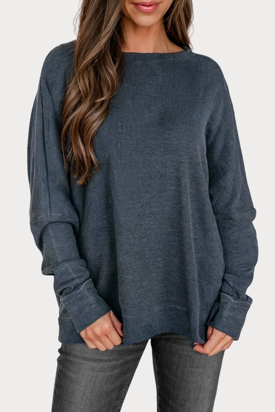 Aapparella Waffle Knit Long Sleeve Loose Fit Top tops styled in a cozy everyday look