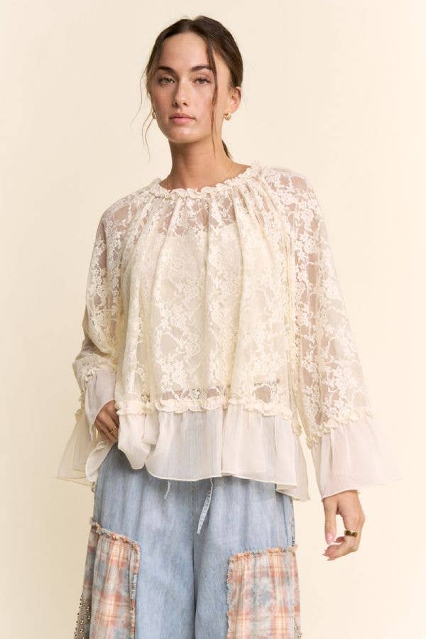 Sheer Lace Bell Sleeve Blouse
