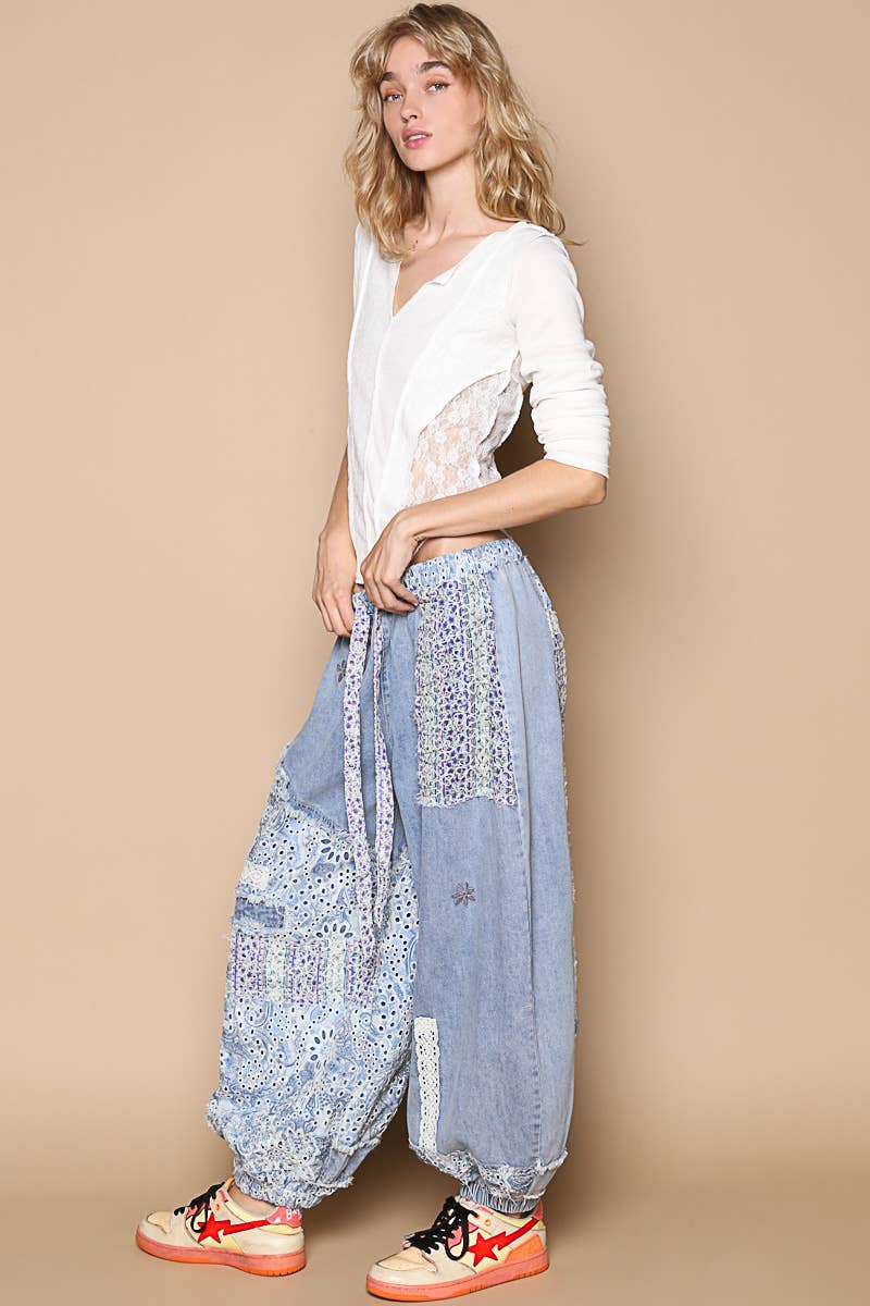 Floral print Patchwork Twill Joger Pants
