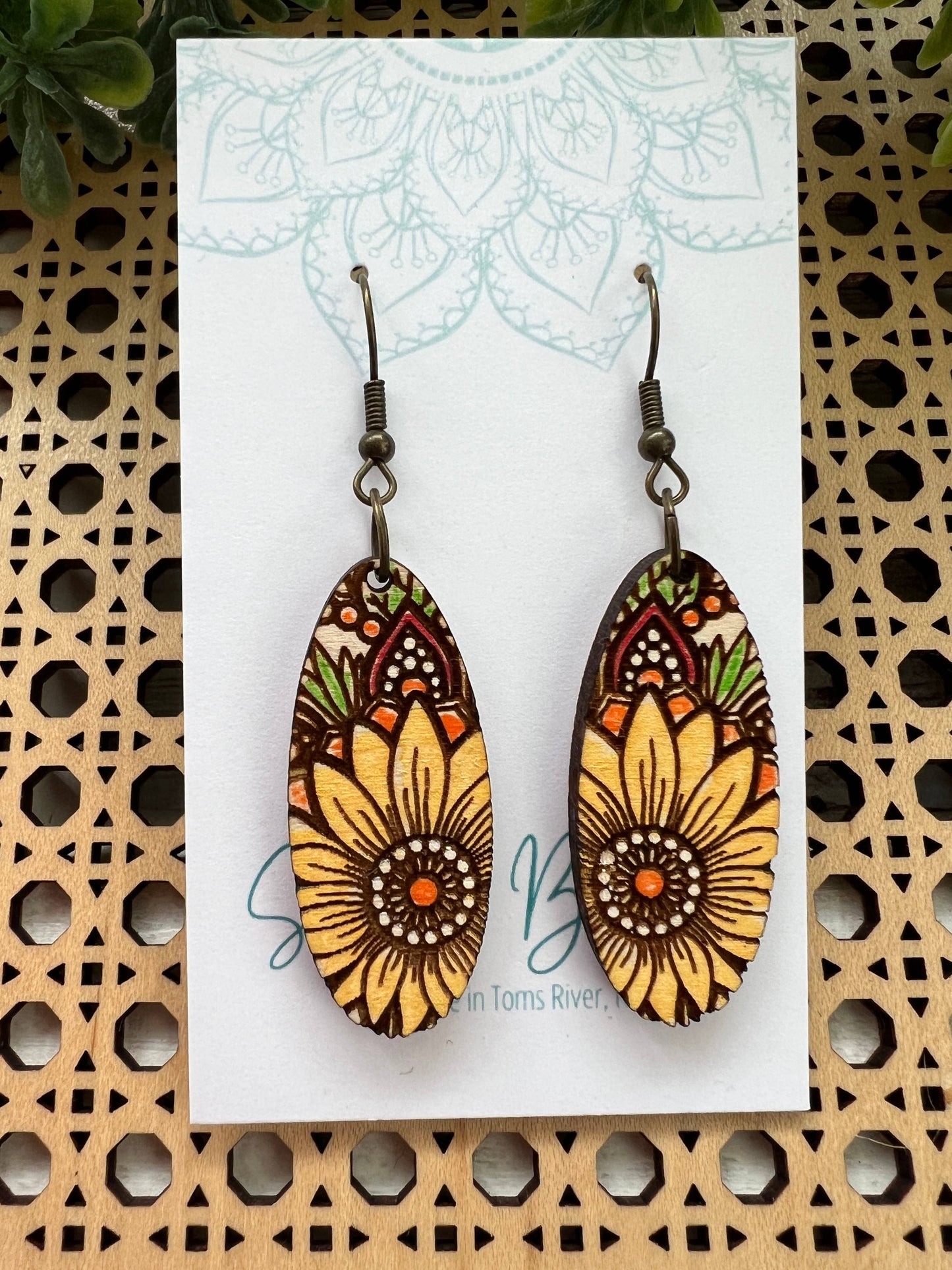 Wooden Earrings - Sunflower Mandala Oval